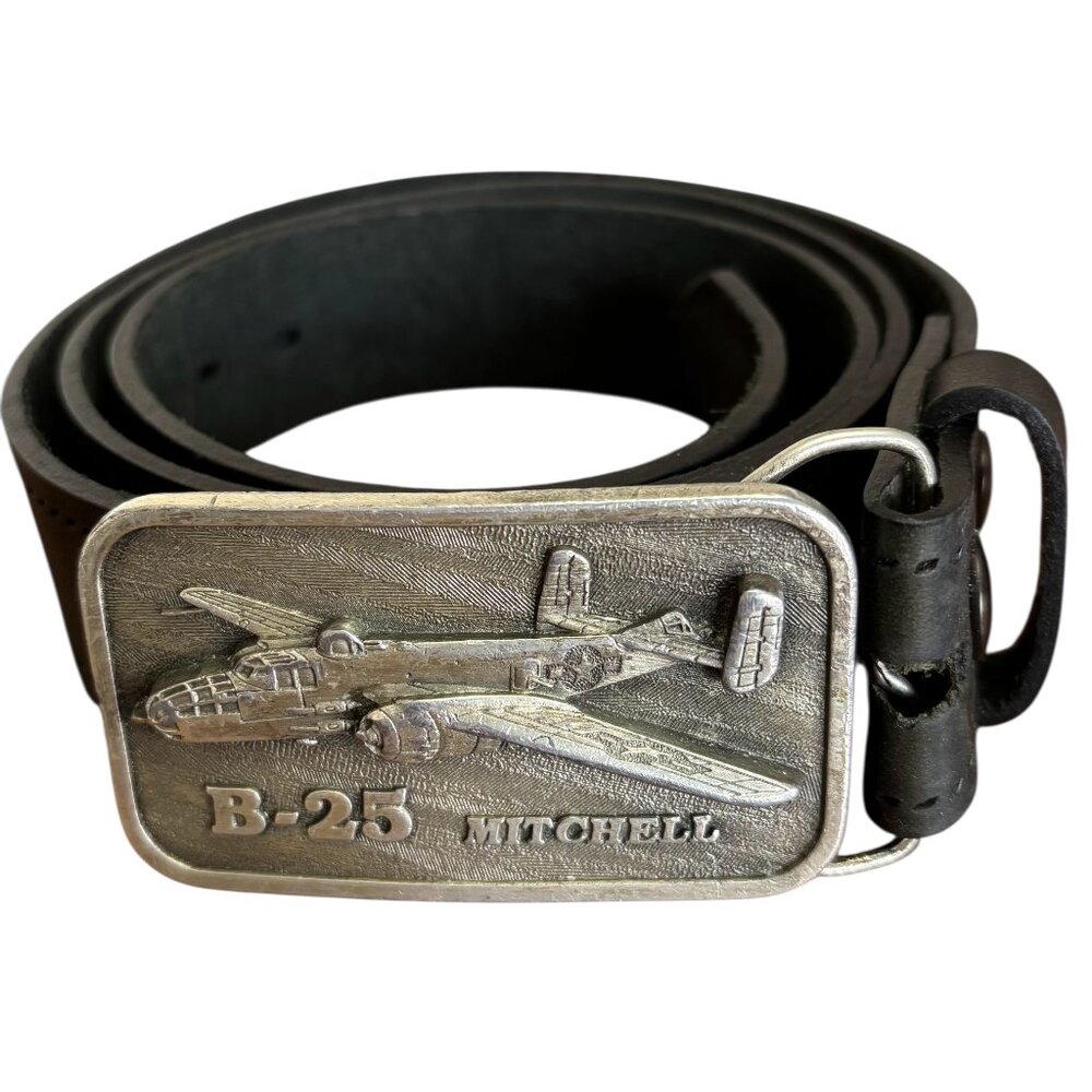 Vintage B 25 Bomber Mitchell Military Aircraft Buckle and Black Leather Belt 40"